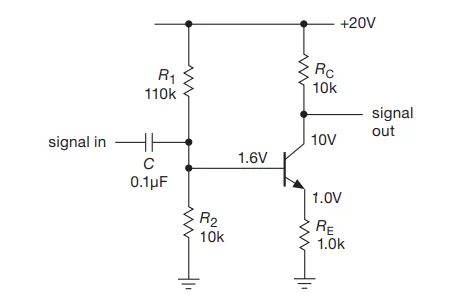 Schematic of an AC-coupled common-emitter amplifier with voltage gain of ten