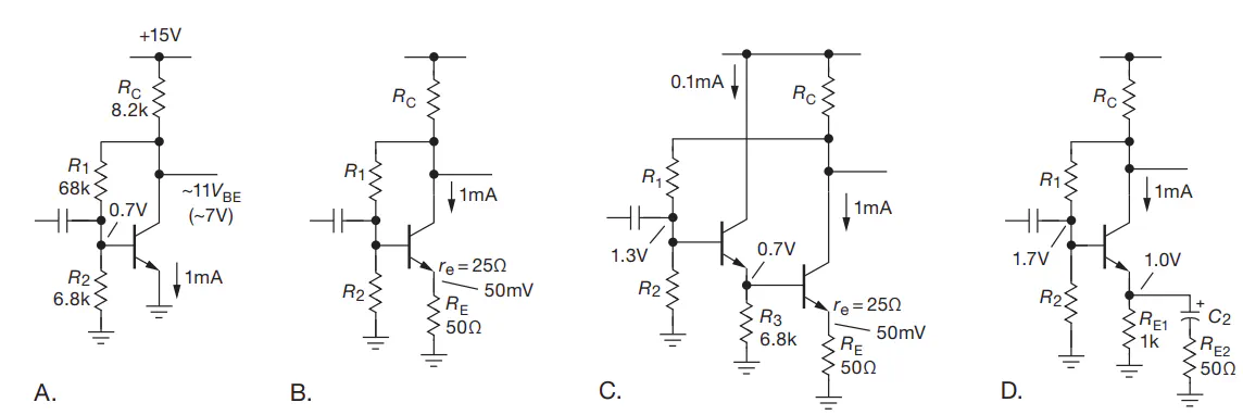 Four circuit variants showing progressively improved bias stability techniques