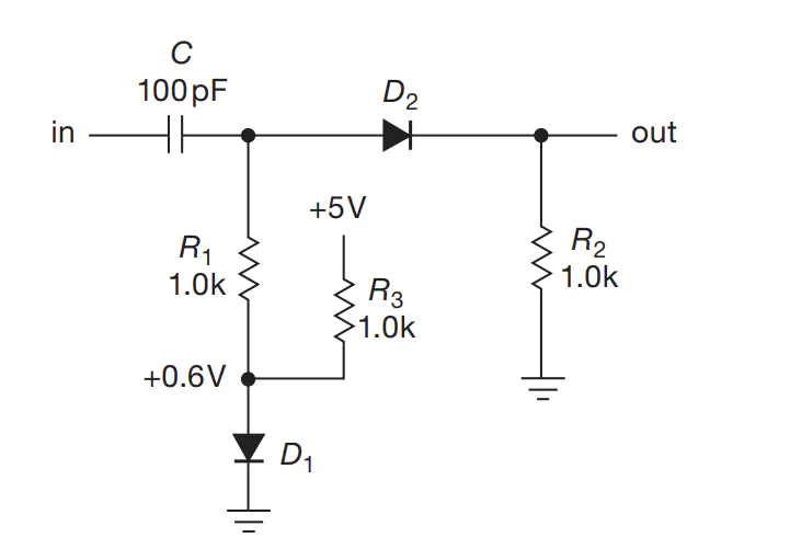 Circuit diagram showing diode biasing to compensate for forward voltage drop