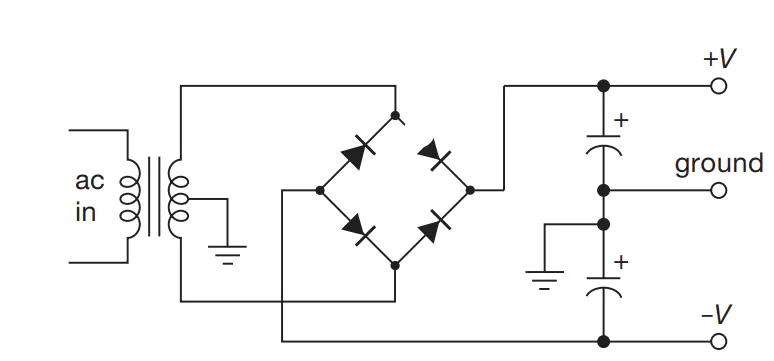 Schematic of a dual-rail power supply providing positive and negative voltages