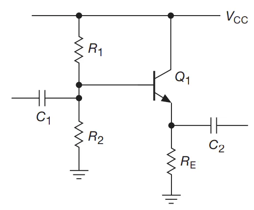 Schematic of an AC-coupled emitter follower designed for audio signals