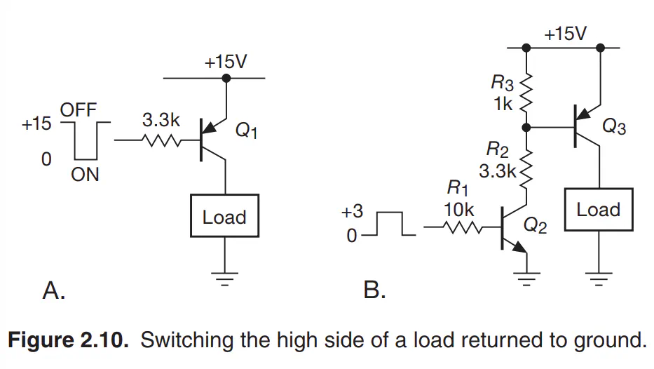 Schematic of a high-side transistor switch using NPN and PNP stages