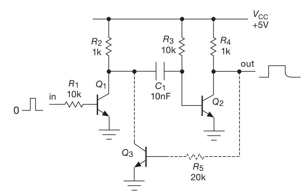 Schematic of a transistor pulse generator with RC-controlled pulse width