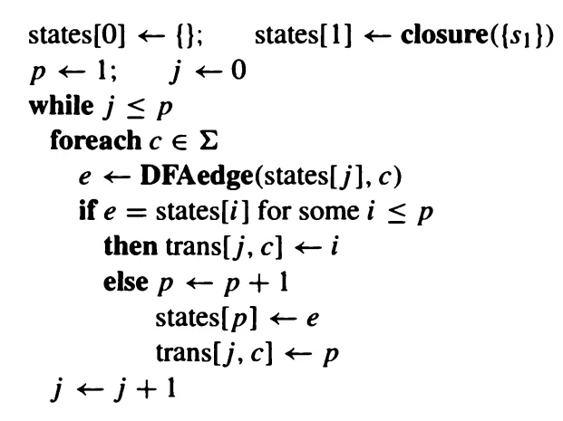 Algorithm for constructing a DFA from an NFA using closures